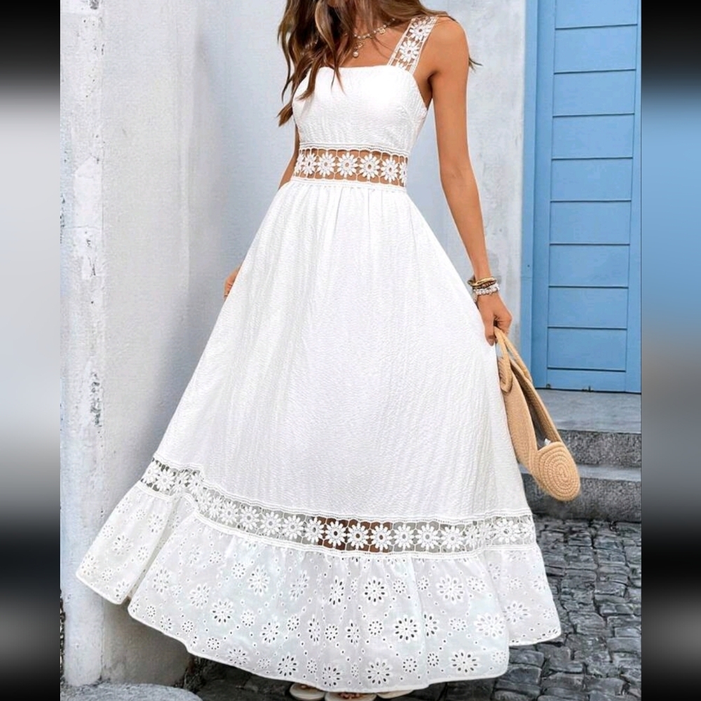 Boho White Eyelet Lace Hollow Out Cami Tank Top Maxi Dress